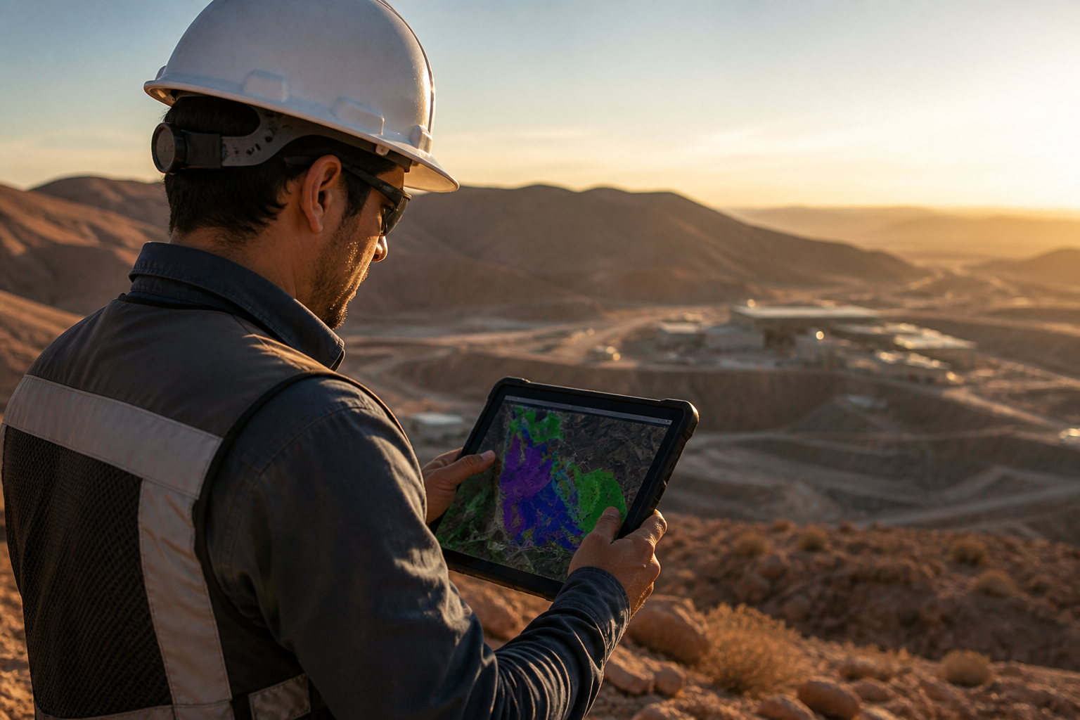 Profesional con equipo geoespacial trabajando en terreno